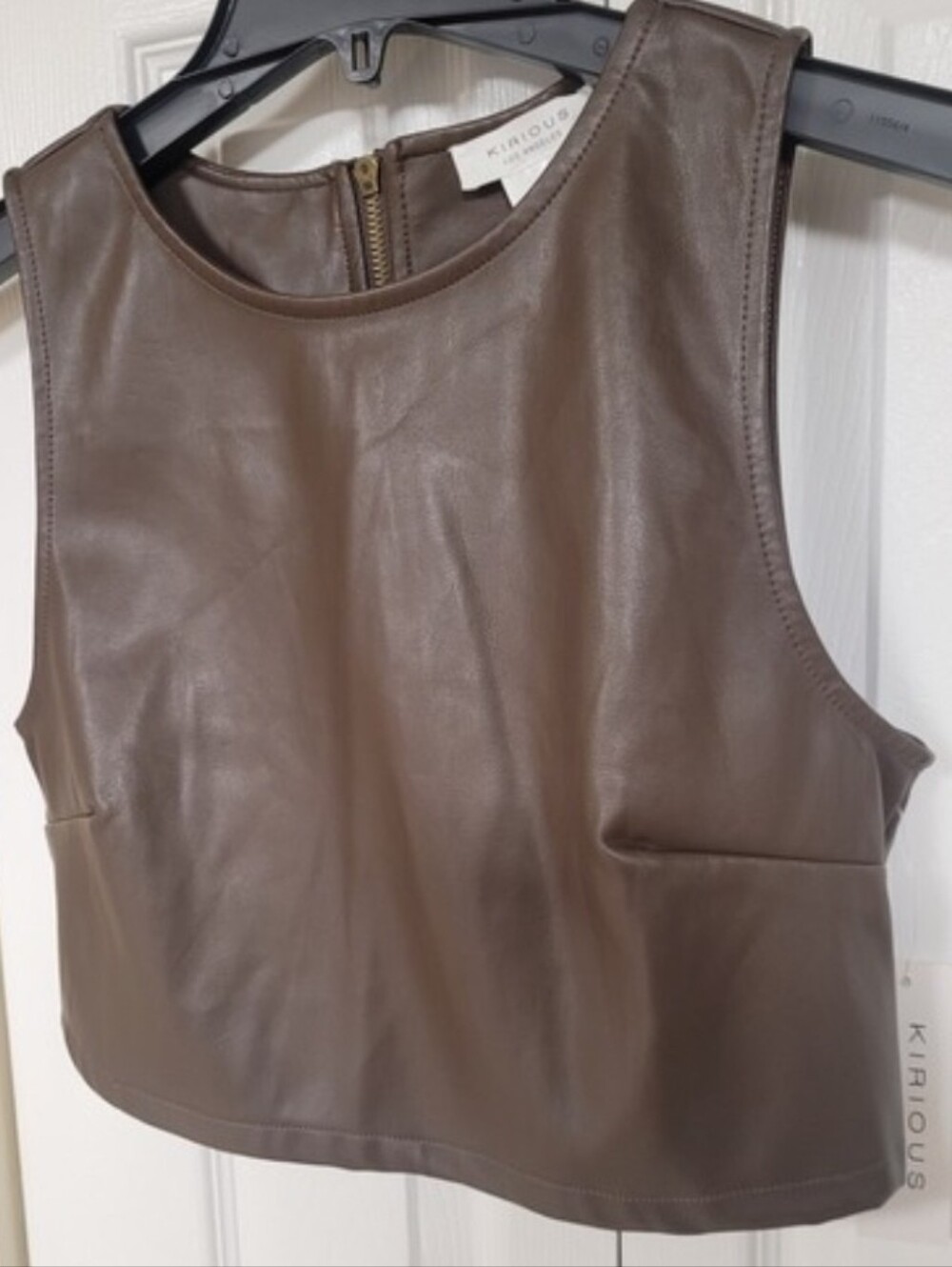 Kirious Brown Faux Leather Crop Top with Cutout Back Sz S